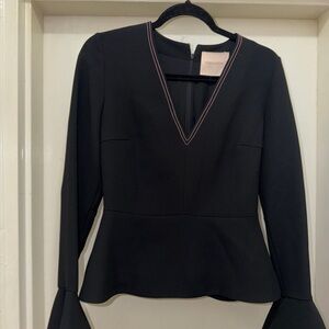 Roksanda Ilincic Black Peplum V-Neck Top with Pink Contrast Stitching